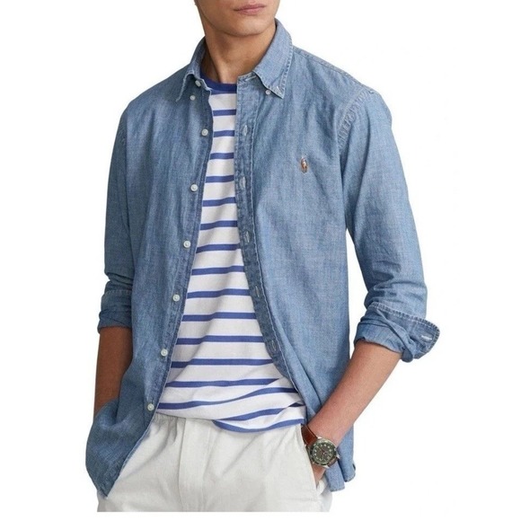 Polo Ralph Lauren Classic Fit Indigo Chambray Long Sleeve Blue Mens Small NWT - Picture 2 of 3